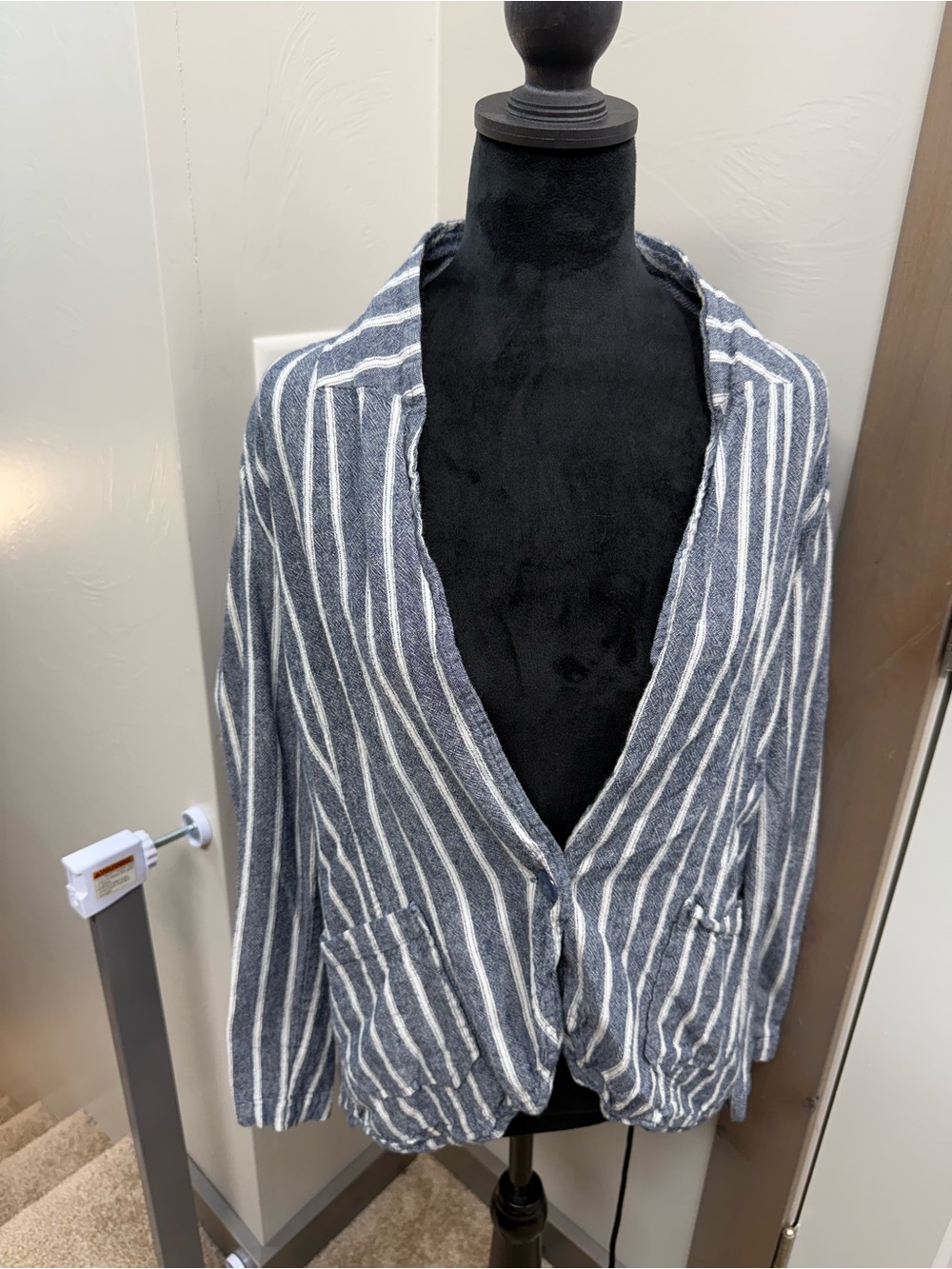 Sanctuary Linen Blend Blue White Stripe Blazer Jacket Women's Size Large
